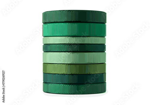 Stacked green wooden blocks in various shades on white background  