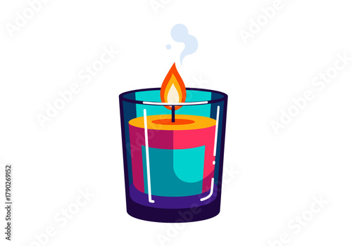 Colorful aromatherapy candle burning in glass container with flame  