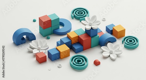 Colorful Geometric Shapes and Abstract Elements Arranged on a White Background.