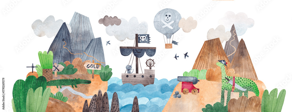 Naklejka premium Cute pirate adventure. Decor for children's room. Watercolor illustration. Islands, pirates, ship, adventures.