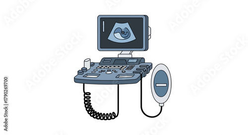 Stylized ultrasound machine displaying fetal imagery for medical examination purpose illustration