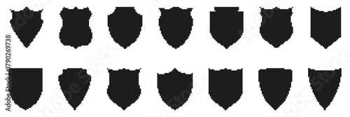 Pixel Art Shield Icon Set. Medieval Heraldry And Protection Symbol Collection. Vintage Emblem Designs For Security And Defense Themes. Isolated Vector Illustration