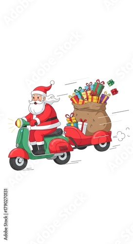 Santa Claus riding a scooter delivering gifts in a festive scene, Concept of New Year, Christmas  