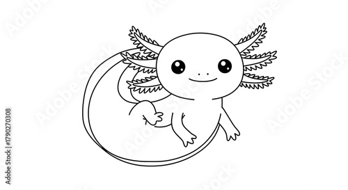 Cute Axolotl Coloring Page for Kids, Simple Line Art Drawing of a Happy Amphibian.