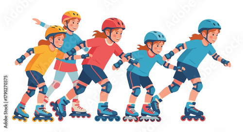 Energetic children enjoy a roller skating adventure together in vibrant protective gear