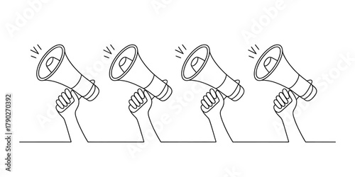 Continuous line art drawing of four hands holding megaphones, symbolizing public announcement, protest, communication, and a call to action Vector