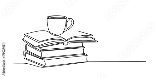 Continuous one line drawing of a stack of books with an open book and a cup of coffee on top, illustrating learning and relaxation. Vector