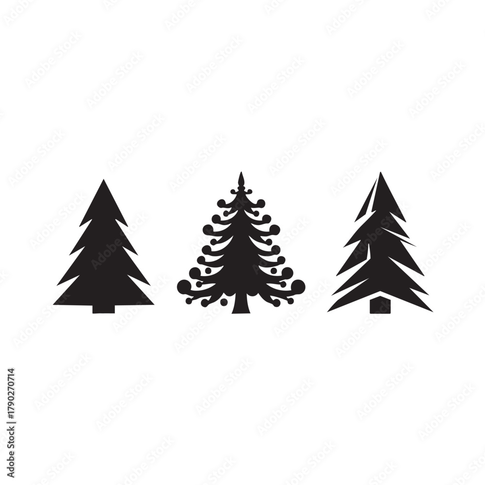 Fototapeta premium Three black silhouette Christmas trees with varied branch styles on white background evergreen