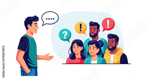 Man presenting ideas to a group receiving varied feedback and questions symbolized by speech bubbles