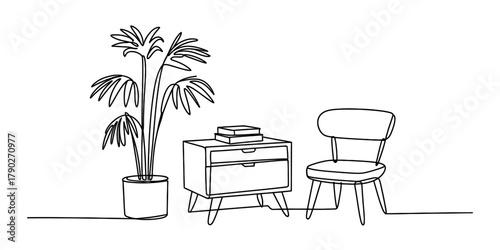 Elegant single line drawing showcasing modern interior design elements: a lush potted houseplant, a functional bedside table, and a stylish chair in a cozy setting. Vector