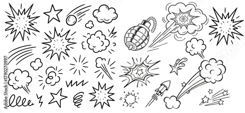 Line speed cartoon effect, comic smoke motion line element set. Comic boom motion, explosive energy, line speed cartoon vector icon. Hand drawn sketch doodle action effect. Vector illustration