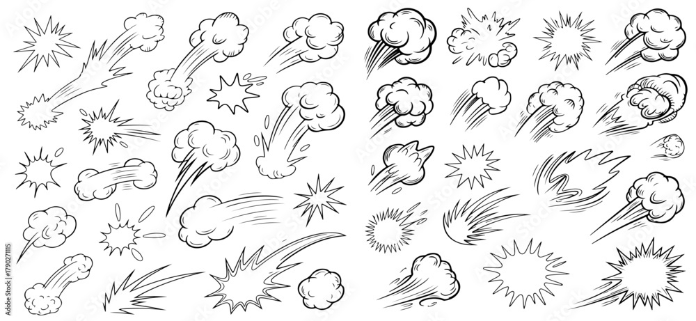 Fototapeta premium Comic boom cartoon effect line element set. Comic speech bubble pow, boom text, explosive splash smoke, wow cartoon vector icon. Hand drawn sketch doodle explosive element. Vector illustration.