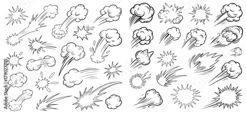 Comic boom cartoon effect line element set. Comic speech bubble pow, boom text, explosive splash smoke, wow cartoon vector icon. Hand drawn sketch doodle explosive element. Vector illustration.