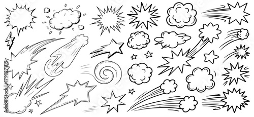 Line speed cartoon effect, boom explosive motion line element set. Comic boom burst, explosive smoke, line speed cartoon vector icon.