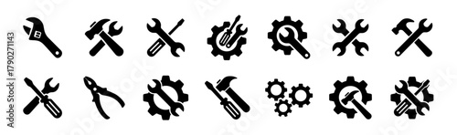 Set of repair and maintenance tool icons with wrench gear hammer and screwdriver silhouette vector illustration on transparent background