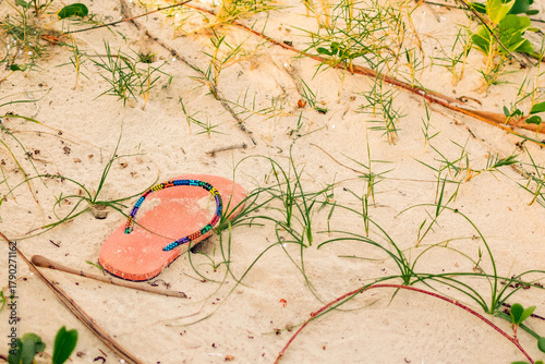 Tablou pe pânză close-up of red flip-flop on sandy beach with sparse grass