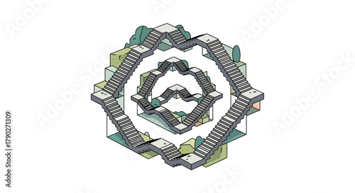 Isometric perspective illustration of nested staircase structures with surreal geometry