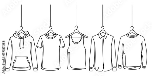Modern one line drawing of diverse clothing: a hoodie, t-shirt, tank top, button-up shirt, and long-sleeve top on hangers, simple outline illustration. Vector