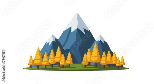 Stylized mountain range landscape with autumnal trees in the foreground and snowcapped peaks