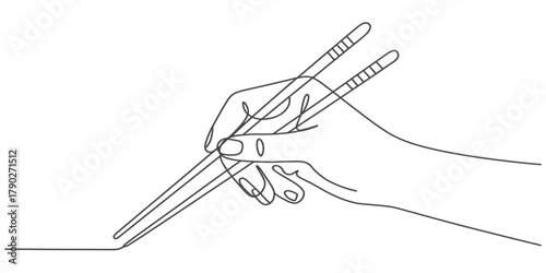 Minimalist continuous line art of a human hand gracefully holding traditional chopsticks, poised to pick up delicious asian food, culinary concept illustration. Vector