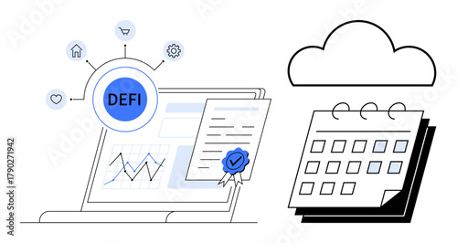 Laptop screen with DeFi network, growth chart, certified contract, cloud, and calendar. Ideal for finance, blockchain, technology planning growth productivity digital strategy. Simple flat
