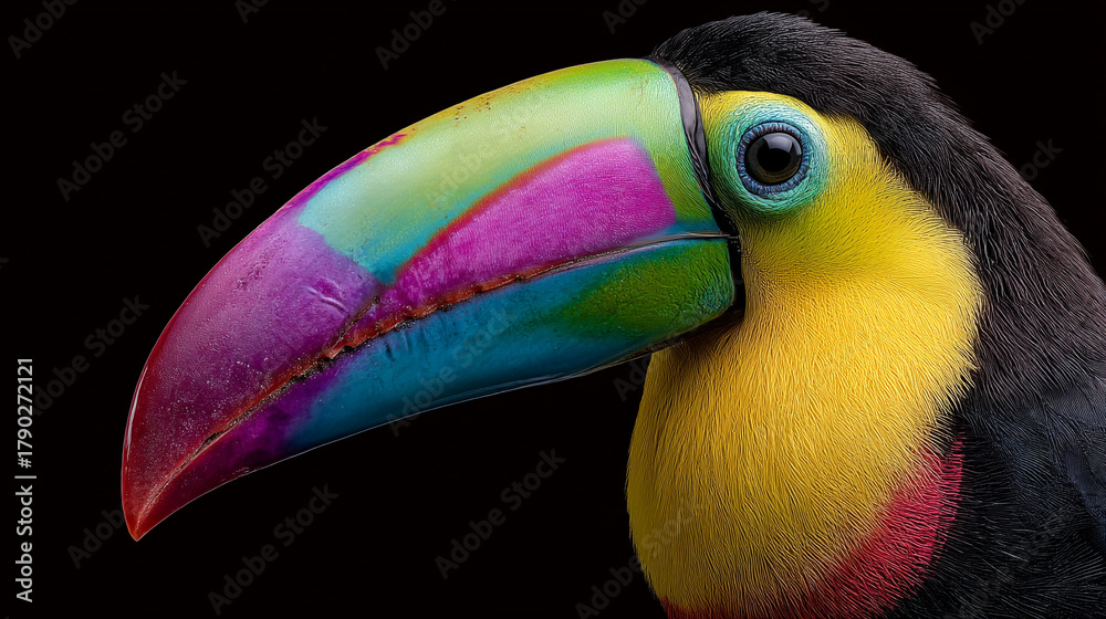 Naklejka premium Close up shot of a colorful toucan with a black background showing its details