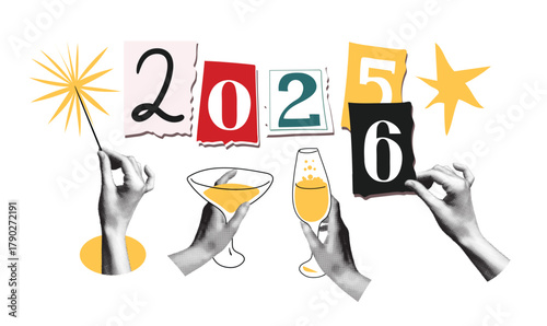 Hands holding sparklers and champagne glasses next to the numbers 2026. Vector halftone collage with yellow stars and paper cut typography. New Year s and holiday celebration concept for a poster.