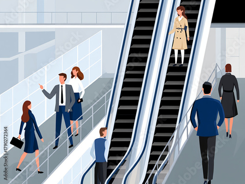 People riding escalators in a modern building interior
