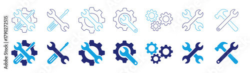 Set of blue repair and maintenance tool icons with wrench screwdriver and gear symbol vector illustration