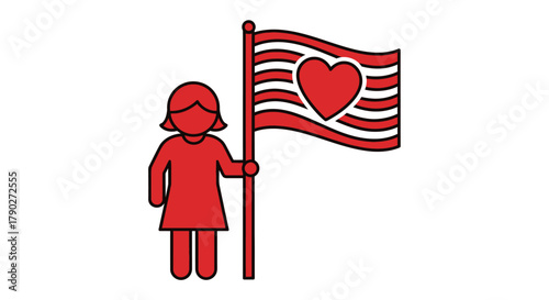 Illustration of a female figure holding a flag with a heart,symbolizing love for country and