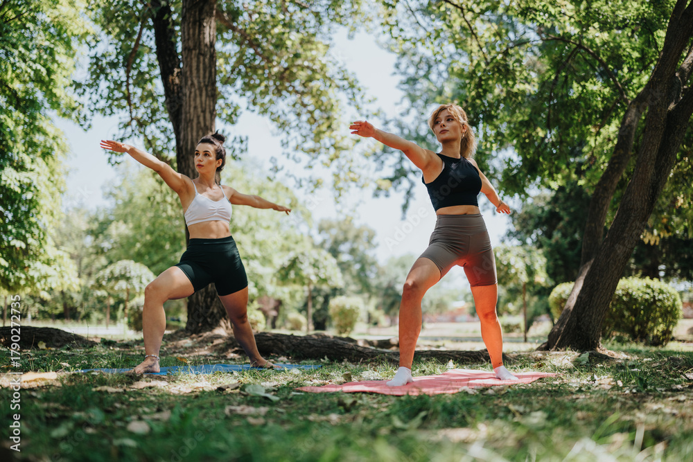 Obraz premium Two women perform yoga poses on mats in a leafy park. Sunlight filters through trees as they stretch and balance, showcasing fitness, mindfulness, and wellness in an outdoor setting.