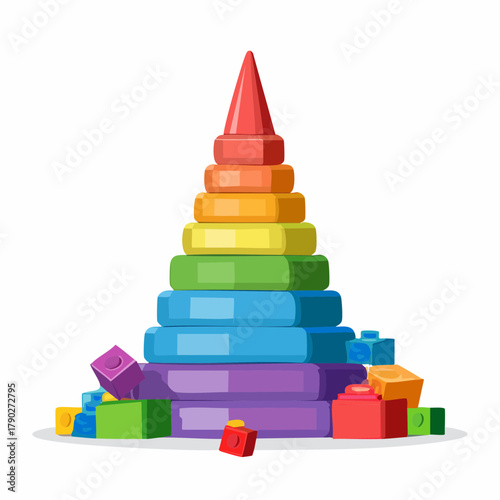 A tall, intricate stack of colorful building blocks has completely toppled over into a messy heap.