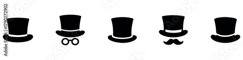 Top hat icon collection. Solid, filled icon set of top hats: classic hat, silk, magicians , vintage , steampunk top hat, wedding top. Vector icon.