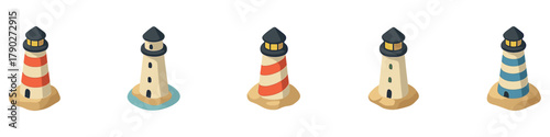 Isometric lighthouse icon. Offshore tower vector collection base cliff lighthouse square icon beacon cylindrical	
