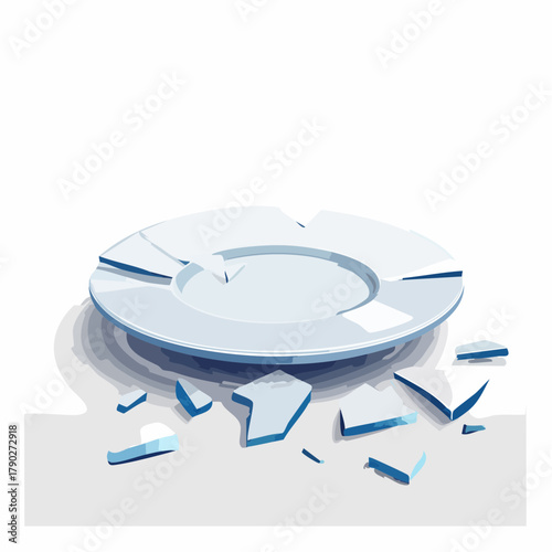 A shattered ceramic plate with jagged edges scattered unevenly across a smooth white table.