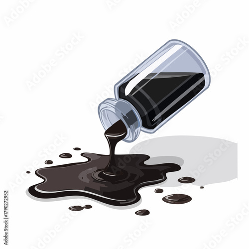 An overturned ink bottle spilling dark liquid into chaotic shapes on a clean white surface.