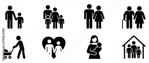 Diverse family icons: A collection of minimalist icons depicting various family structures and life stages, representing the diversity and evolution of familial relationships. Vector icons.