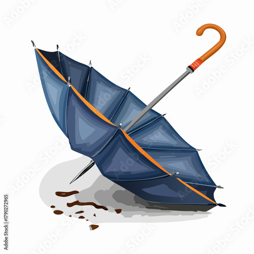 A broken umbrella with snapped metal spokes, blown inside out, lying at an awkward angle.