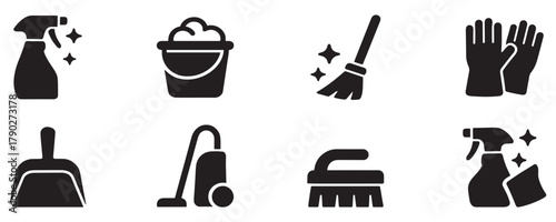 Cleaning icon set. Vector icons for sanitation and cleaning supplies: spray bottle, bubbles, detergent, wiping hand, soap bar, sparkling leaf, clean tag. Vector icon.