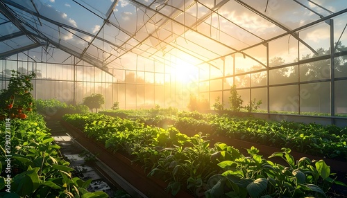 Bright sun shines in a greenhouse full of leafy plants growing in raised beds under a clear sky