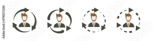 User Profile Refresh Cycle Icon Set: Male and Female Avatars, Continuous Update, Rotation