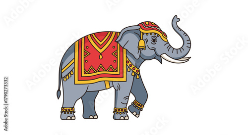 Ornately decorated elephant illustration with ceremonial attire and vibrant embellishments