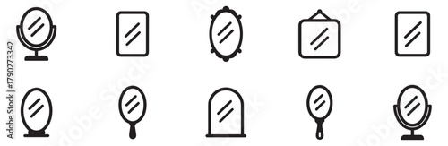 Mirror Icon Set. Outline icon set of mirror types: convex mirror, concave, flat, beveled, tinted, smart, lighted mirror. Vector icon.