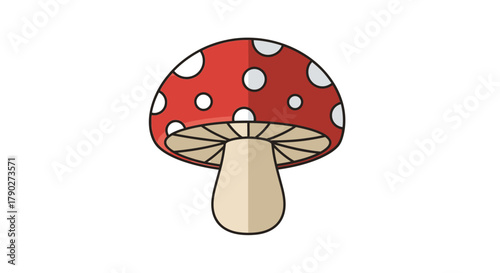 Whimsical red toadstool with white dots illustration in a minimalist style perfect for children's