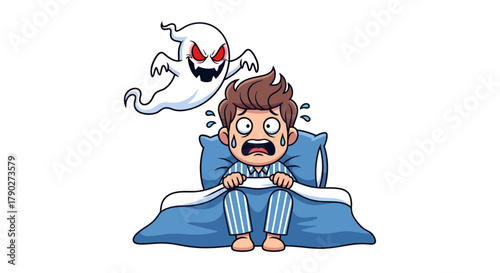 Terrified young man startled by a frightening ghost lurking in his bedroom during the night