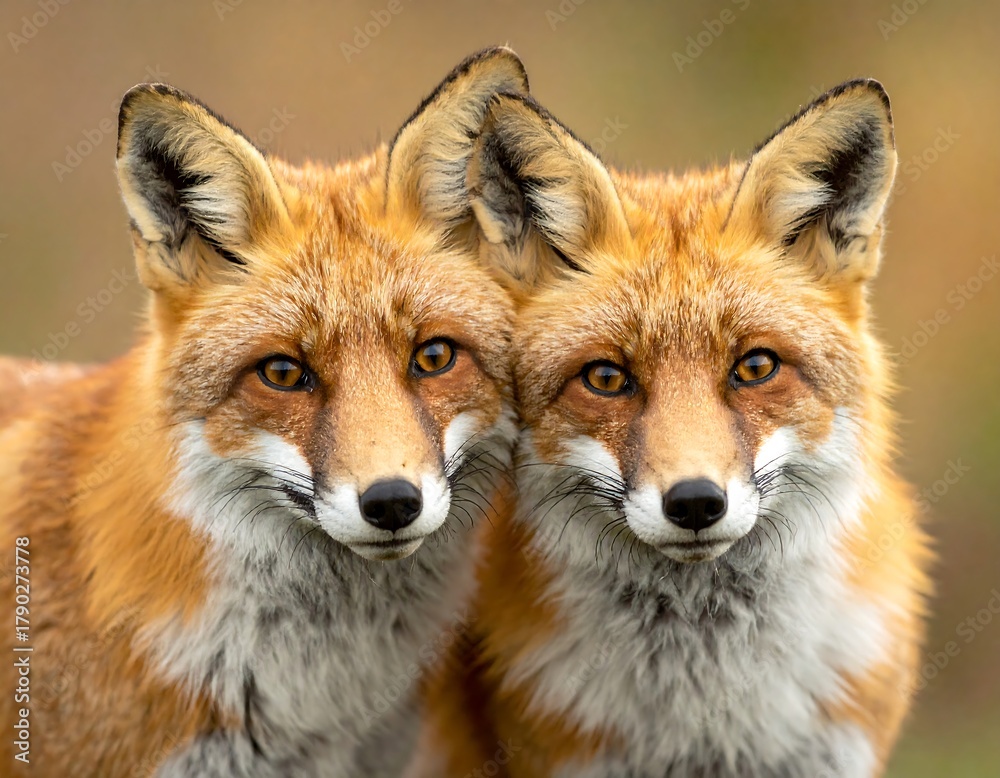 Fototapeta premium Two red foxes, facing forward, appear to be siblings or a bonded pair, gazing with focused intensity against an autumn background