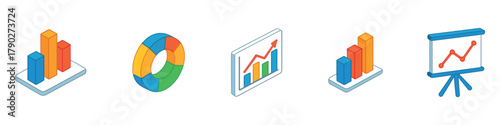 Isometric Graph and charts icon. Graph and charts concept 3d isometric icons set. Bundle elements of bar and pie chart, segment, pyramid, arrows, data analysis, statistics and other.
