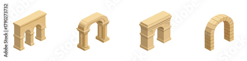 Isometric arch and vault icon set. Vector collection of ancient architectural construction elements like Roman semicircular arch, Gothic pointed arch, and ribbed vault. Vector icon.