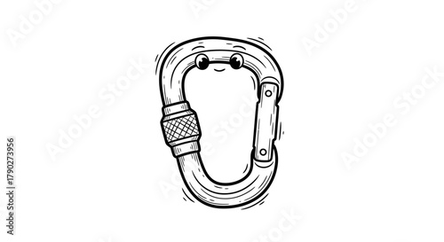 Whimsical climbing carabiner character doodle isolated on white background for creative projects