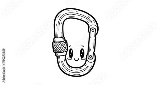 Whimsical carabiner illustration with cheerful expression for adventure and safety concept